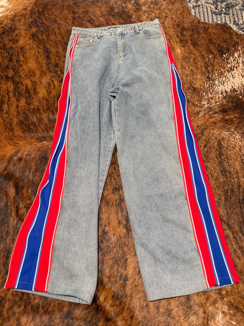 Womens Wide Leg Denim Pants Size L Blue & Red Side Stripe Zipper High Waist